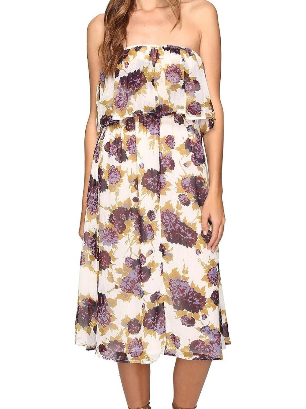 Strapless Floral Midi Dress in White with Purple & Gold Print